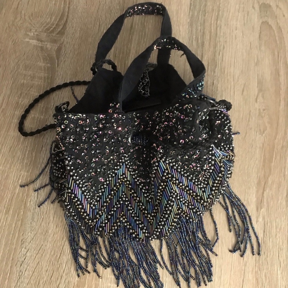 ZARA Purse 20s Beaded Shiny Sequins Black Silk Vintage Gatsby Inspired Bag